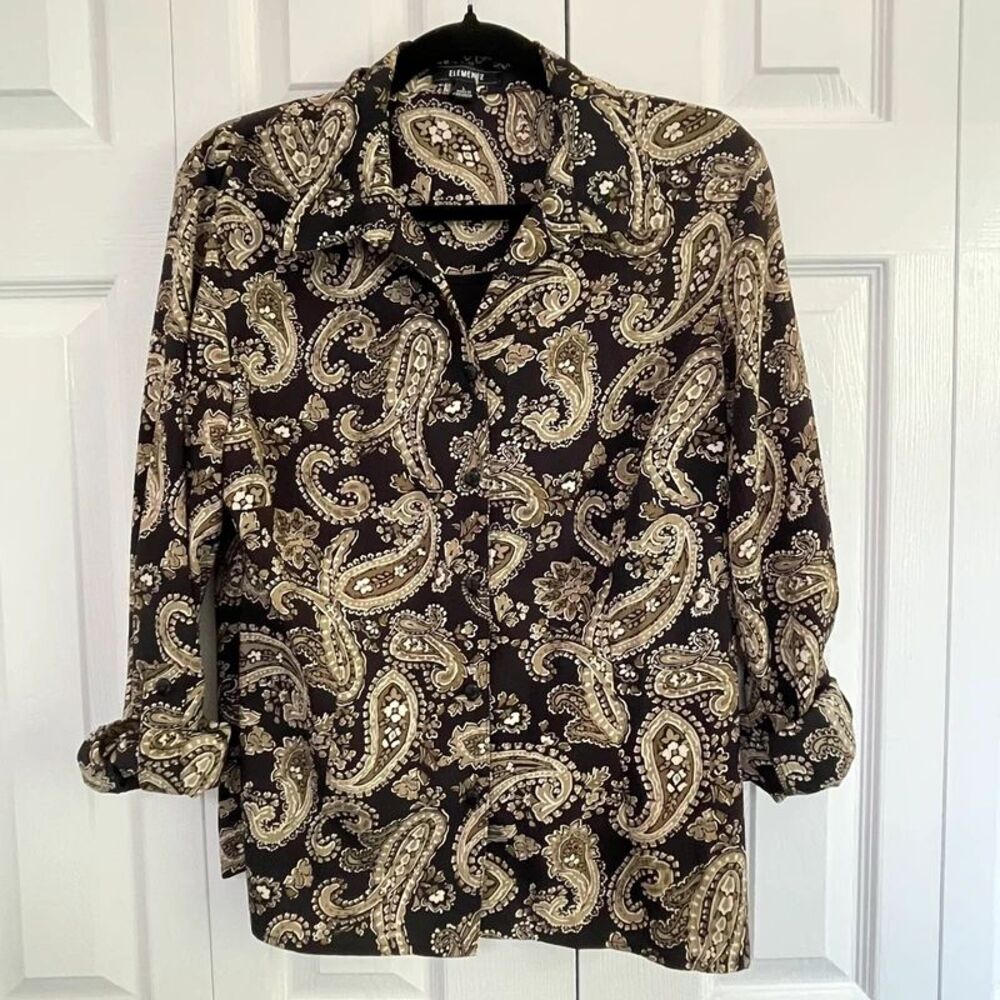Elementz Paisley Button-Up Blouse Women's Classic Boho Vintage-Inspired Sz L